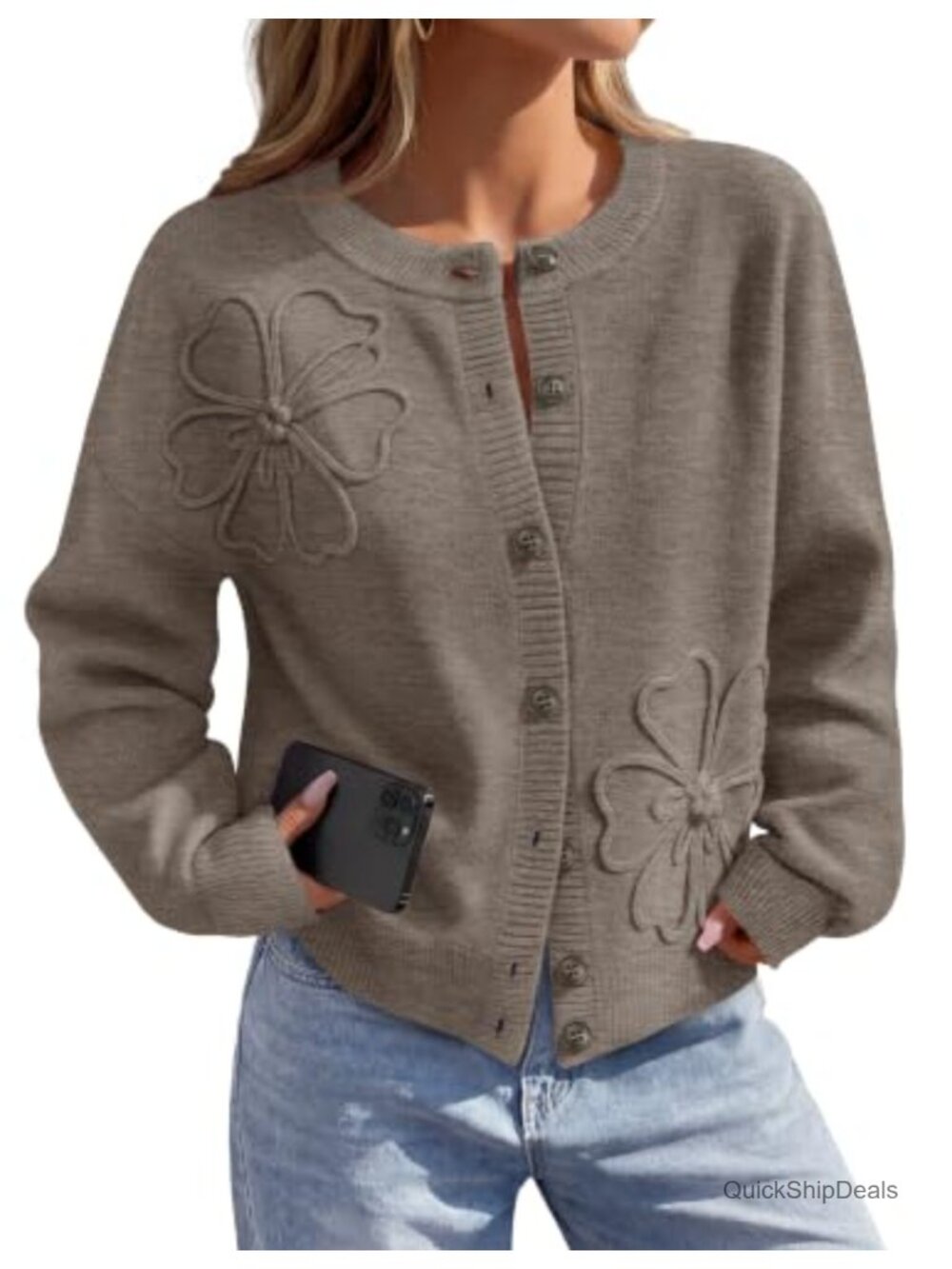 Women's Floral Button Up Lightweight Cardigan Sweater 3D Flower Lantern Sleeve